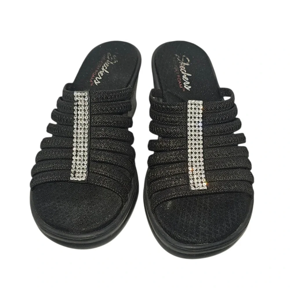 Skechers Cali Memory Foam Rumblers Hotshot Black Wedge Slide w/Rhinestones Sz 9‎